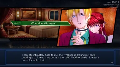 The main character is having a collar put around her neck, and she's not sure if this is sexy or concerning.