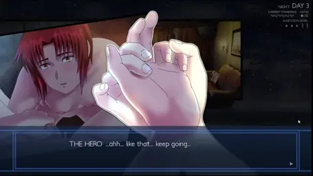 Two hands make extremely intimate and lewd motions with each other while a naked girl looks up from between another girl's legs.