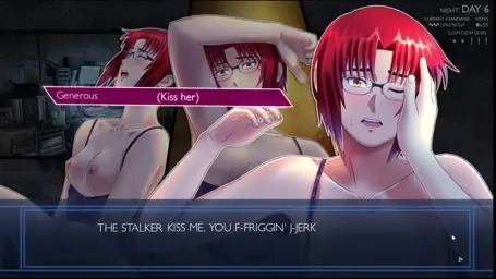 The Stalker is displayed in multiple states of ecstatic distress, shouting "Kiss me, you friggin jerk!"