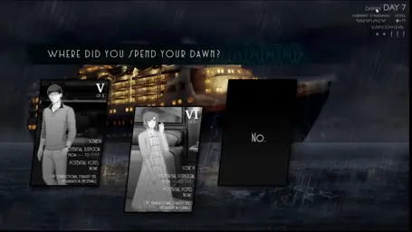 A menu offers the player three options of where to spend their dawn, all of which come with heavy content warnings.